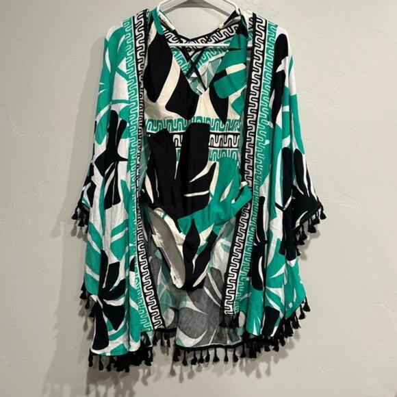 Green and Black Patterned Swim Set One Piece Size M and Kimono with Tassels - Picture 1 of 8